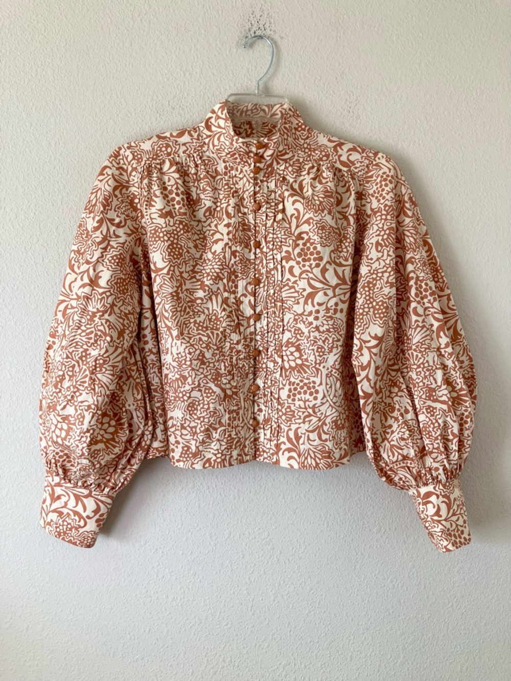 PLENTY by Tracy Reese Cropped Blouse L Balloon Sleeve High Neck Button Up Boho